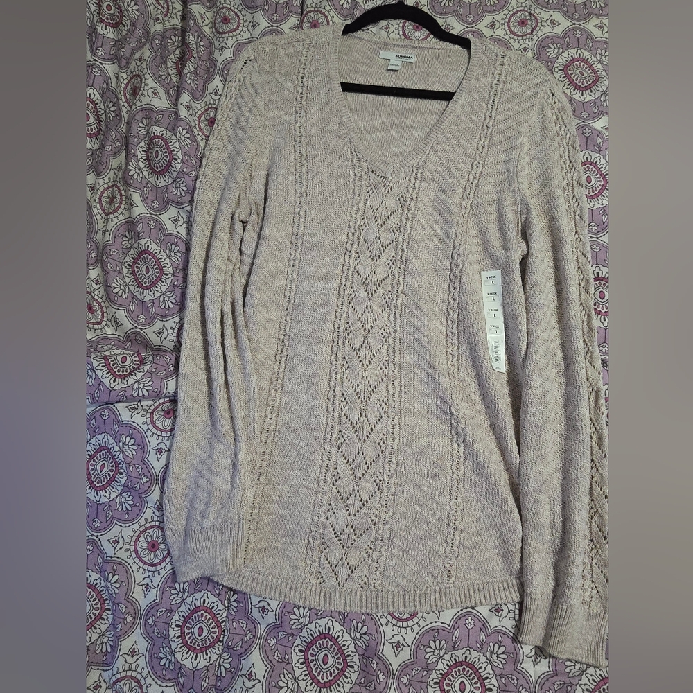 Large Sonoma Light Lavender V-Neck Cable-Knit Sweater From Kohls. Lightweight.